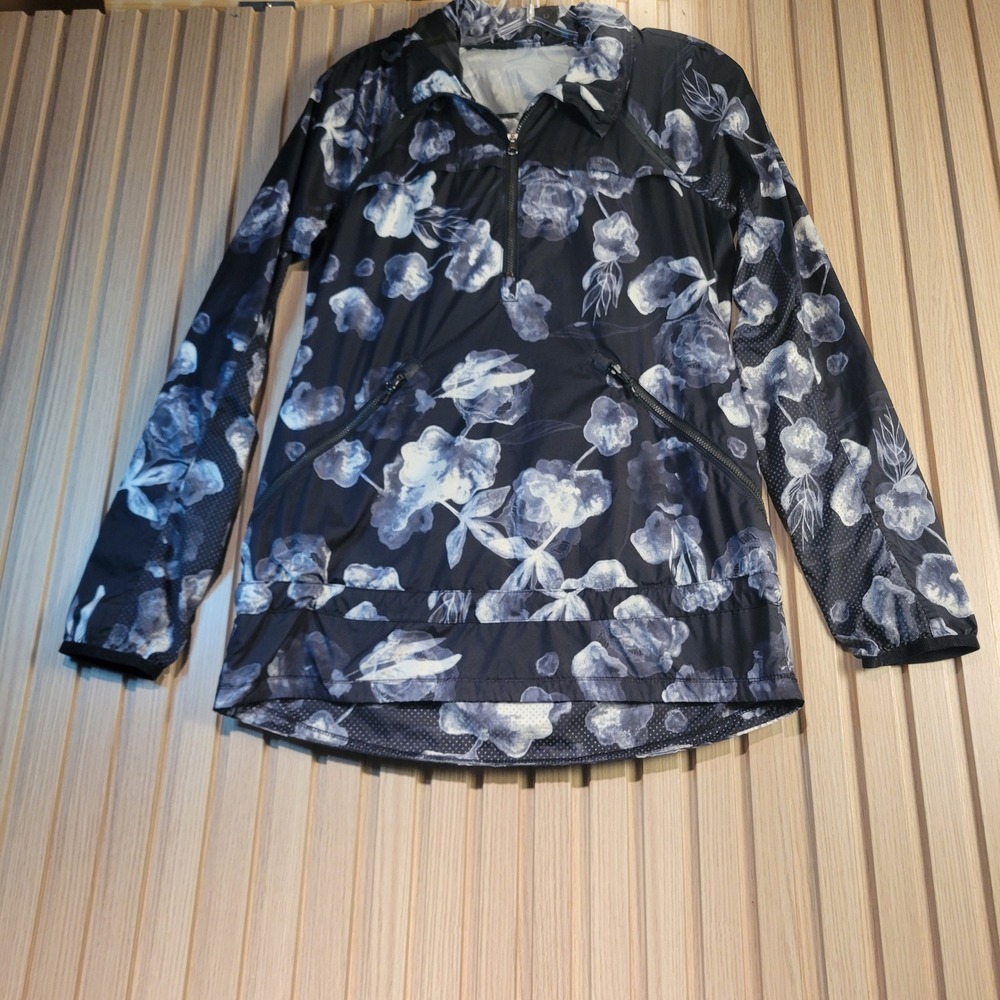 Lululemon Floral Half Zip Windbreaker Hooded Running Jacket Blue Navy Womens